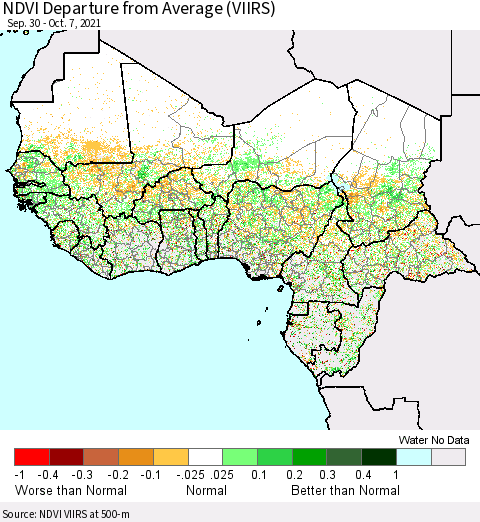 Western Africa NDVI Departure from Average (VIIRS) Thematic Map For 9/30/2021 - 10/7/2021