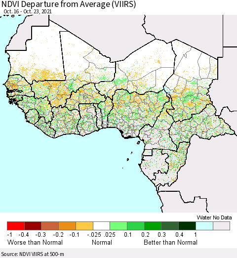 Western Africa NDVI Departure from Average (VIIRS) Thematic Map For 10/16/2021 - 10/23/2021