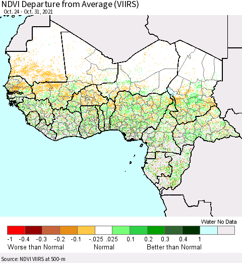 Western Africa NDVI Departure from Average (VIIRS) Thematic Map For 10/24/2021 - 10/31/2021