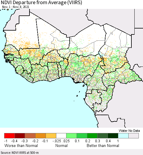 Western Africa NDVI Departure from Average (VIIRS) Thematic Map For 11/1/2021 - 11/8/2021