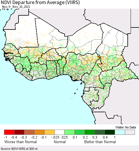 Western Africa NDVI Departure from Average (VIIRS) Thematic Map For 11/9/2021 - 11/16/2021