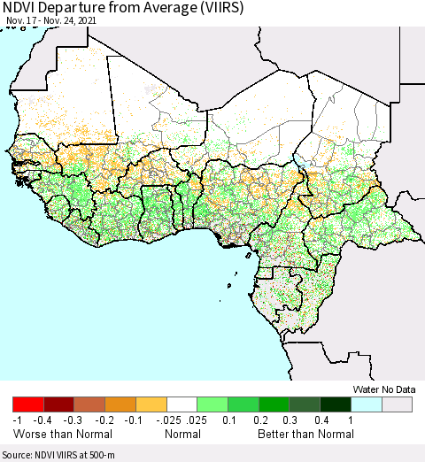 Western Africa NDVI Departure from Average (VIIRS) Thematic Map For 11/17/2021 - 11/24/2021