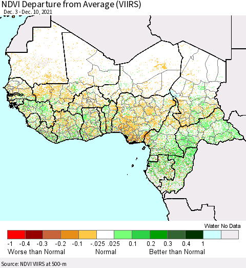 Western Africa NDVI Departure from Average (VIIRS) Thematic Map For 12/3/2021 - 12/10/2021
