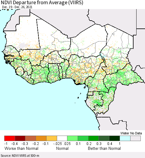 Western Africa NDVI Departure from Average (VIIRS) Thematic Map For 12/19/2021 - 12/26/2021