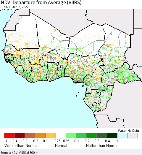 Western Africa NDVI Departure from Average (VIIRS) Thematic Map For 1/1/2022 - 1/8/2022