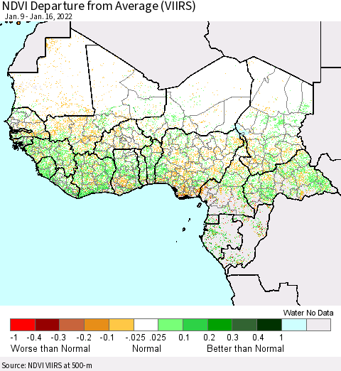 Western Africa NDVI Departure from Average (VIIRS) Thematic Map For 1/9/2022 - 1/16/2022