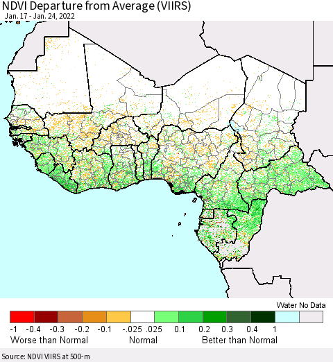 Western Africa NDVI Departure from Average (VIIRS) Thematic Map For 1/17/2022 - 1/24/2022