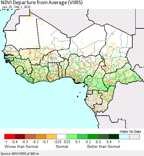 Western Africa NDVI Departure from Average (VIIRS) Thematic Map For 1/25/2022 - 2/1/2022