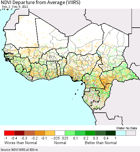 Western Africa NDVI Departure from Average (VIIRS) Thematic Map For 2/2/2022 - 2/9/2022