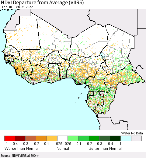 Western Africa NDVI Departure from Average (VIIRS) Thematic Map For 2/18/2022 - 2/25/2022