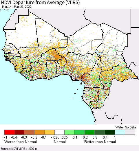 Western Africa NDVI Departure from Average (VIIRS) Thematic Map For 3/14/2022 - 3/21/2022
