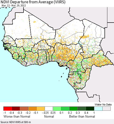 Western Africa NDVI Departure from Average (VIIRS) Thematic Map For 3/22/2022 - 3/29/2022