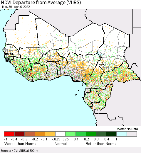 Western Africa NDVI Departure from Average (VIIRS) Thematic Map For 3/30/2022 - 4/6/2022