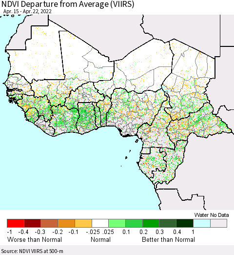 Western Africa NDVI Departure from Average (VIIRS) Thematic Map For 4/15/2022 - 4/22/2022