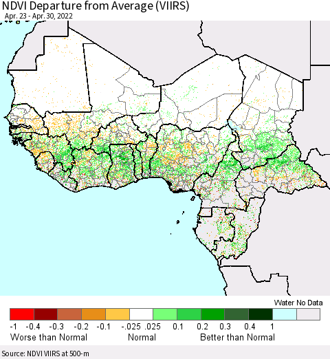 Western Africa NDVI Departure from Average (VIIRS) Thematic Map For 4/23/2022 - 4/30/2022