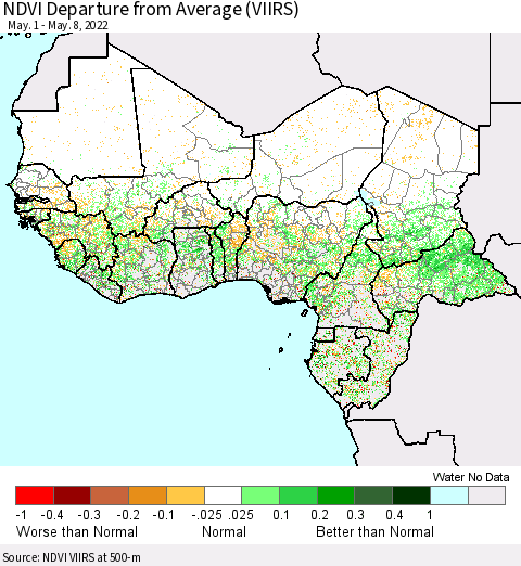 Western Africa NDVI Departure from Average (VIIRS) Thematic Map For 5/1/2022 - 5/8/2022