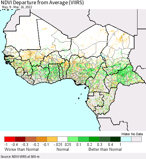 Western Africa NDVI Departure from Average (VIIRS) Thematic Map For 5/9/2022 - 5/16/2022