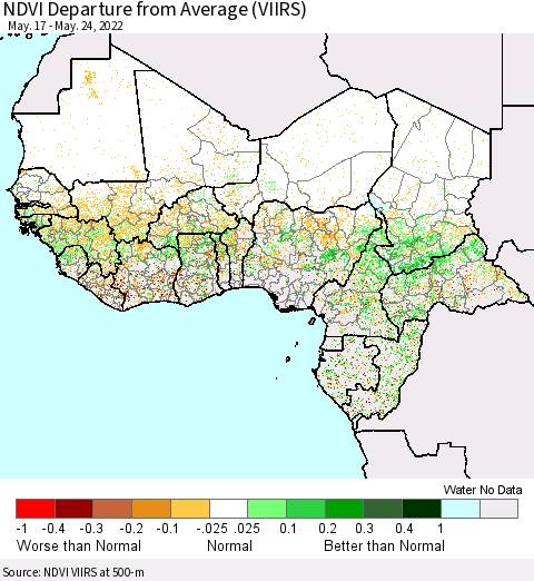 Western Africa NDVI Departure from Average (VIIRS) Thematic Map For 5/17/2022 - 5/24/2022
