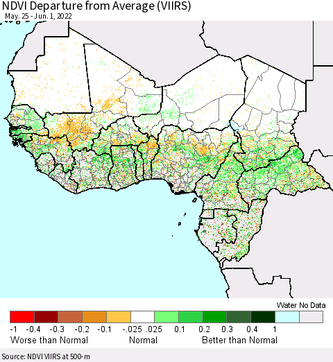 Western Africa NDVI Departure from Average (VIIRS) Thematic Map For 5/25/2022 - 6/1/2022