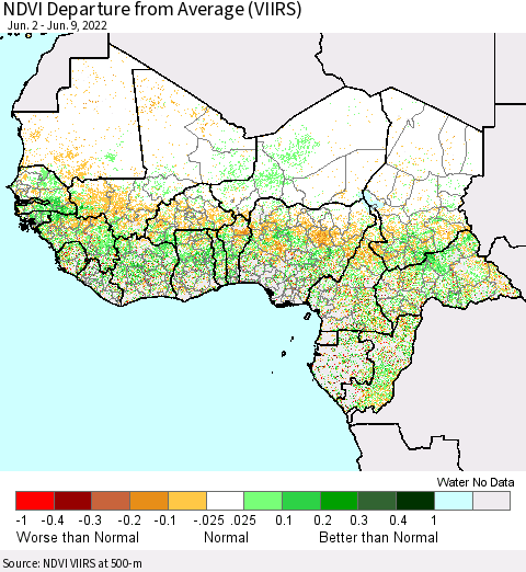 Western Africa NDVI Departure from Average (VIIRS) Thematic Map For 6/2/2022 - 6/9/2022