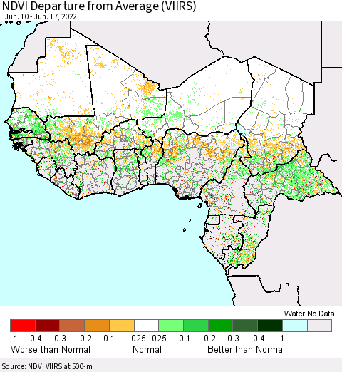 Western Africa NDVI Departure from Average (VIIRS) Thematic Map For 6/10/2022 - 6/17/2022