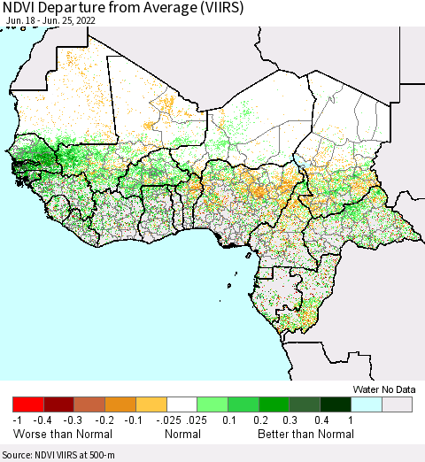 Western Africa NDVI Departure from Average (VIIRS) Thematic Map For 6/18/2022 - 6/25/2022