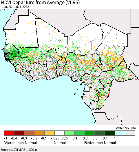 Western Africa NDVI Departure from Average (VIIRS) Thematic Map For 6/26/2022 - 7/3/2022