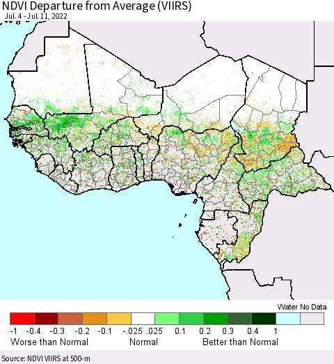 Western Africa NDVI Departure from Average (VIIRS) Thematic Map For 7/4/2022 - 7/11/2022