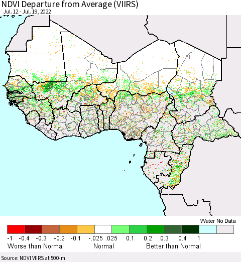 Western Africa NDVI Departure from Average (VIIRS) Thematic Map For 7/12/2022 - 7/19/2022