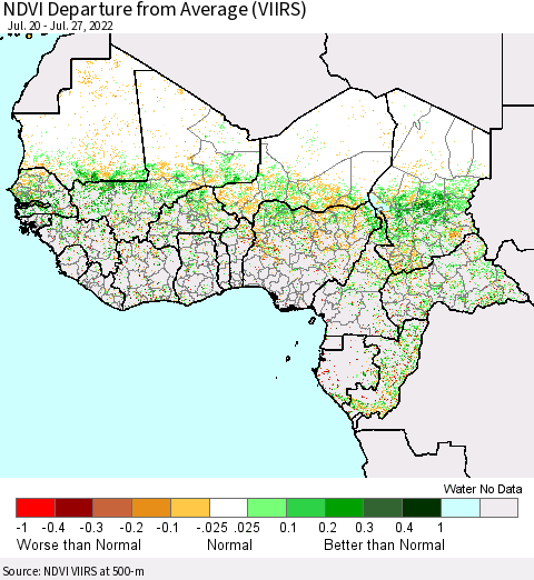 Western Africa NDVI Departure from Average (VIIRS) Thematic Map For 7/20/2022 - 7/27/2022