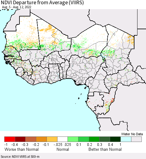 Western Africa NDVI Departure from Average (VIIRS) Thematic Map For 8/5/2022 - 8/12/2022