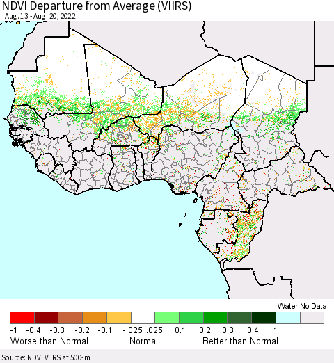 Western Africa NDVI Departure from Average (VIIRS) Thematic Map For 8/13/2022 - 8/20/2022