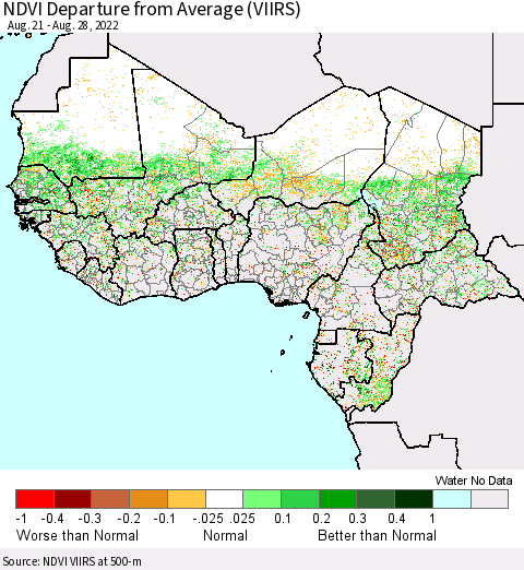 Western Africa NDVI Departure from Average (VIIRS) Thematic Map For 8/21/2022 - 8/28/2022
