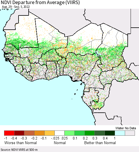 Western Africa NDVI Departure from Average (VIIRS) Thematic Map For 8/29/2022 - 9/5/2022
