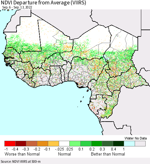 Western Africa NDVI Departure from Average (VIIRS) Thematic Map For 9/6/2022 - 9/13/2022