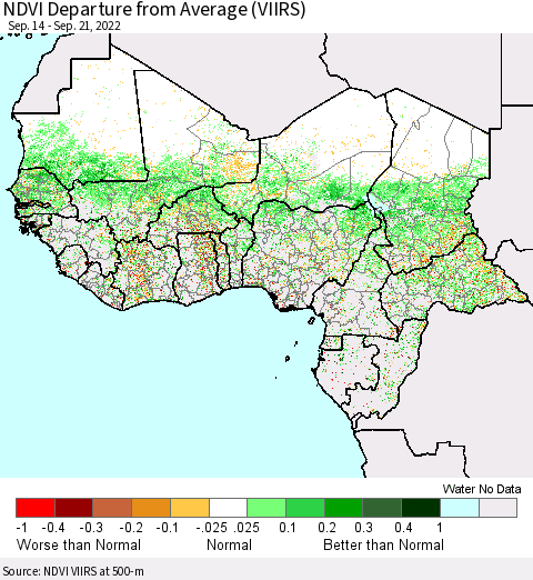 Western Africa NDVI Departure from Average (VIIRS) Thematic Map For 9/14/2022 - 9/21/2022