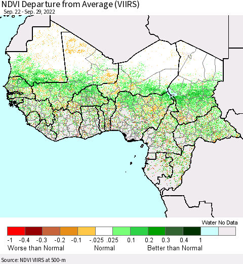 Western Africa NDVI Departure from Average (VIIRS) Thematic Map For 9/22/2022 - 9/29/2022
