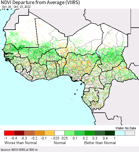 Western Africa NDVI Departure from Average (VIIRS) Thematic Map For 10/16/2022 - 10/23/2022