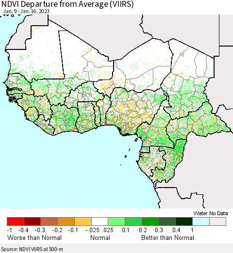 Western Africa NDVI Departure from Average (VIIRS) Thematic Map For 1/9/2023 - 1/16/2023