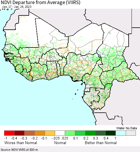 Western Africa NDVI Departure from Average (VIIRS) Thematic Map For 1/17/2023 - 1/24/2023