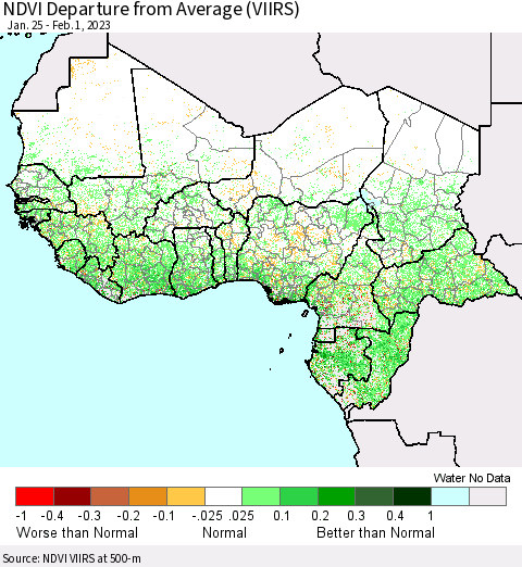Western Africa NDVI Departure from Average (VIIRS) Thematic Map For 1/25/2023 - 2/1/2023