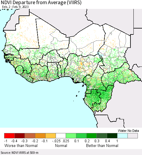 Western Africa NDVI Departure from Average (VIIRS) Thematic Map For 2/2/2023 - 2/9/2023