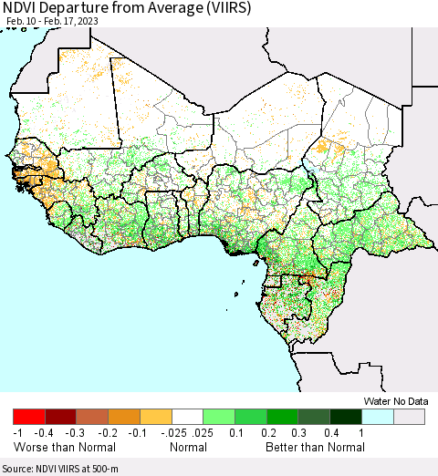 Western Africa NDVI Departure from Average (VIIRS) Thematic Map For 2/10/2023 - 2/17/2023