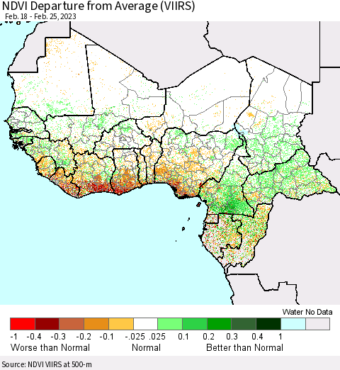 Western Africa NDVI Departure from Average (VIIRS) Thematic Map For 2/18/2023 - 2/25/2023