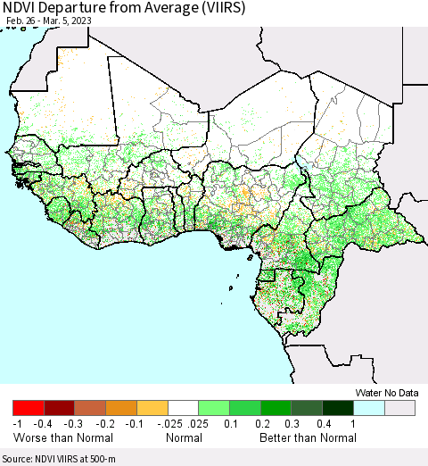 Western Africa NDVI Departure from Average (VIIRS) Thematic Map For 2/26/2023 - 3/5/2023