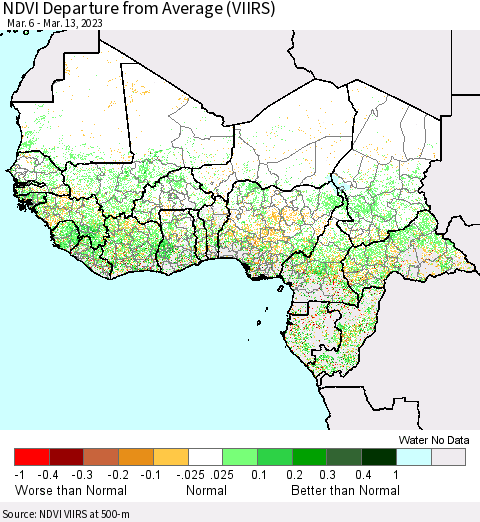 Western Africa NDVI Departure from Average (VIIRS) Thematic Map For 3/6/2023 - 3/13/2023