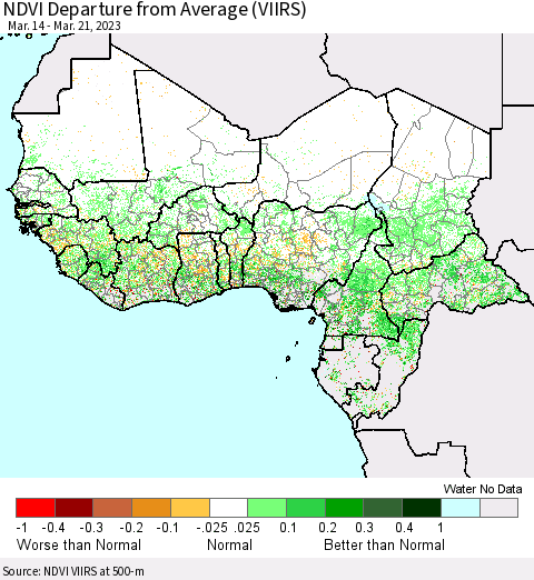 Western Africa NDVI Departure from Average (VIIRS) Thematic Map For 3/14/2023 - 3/21/2023