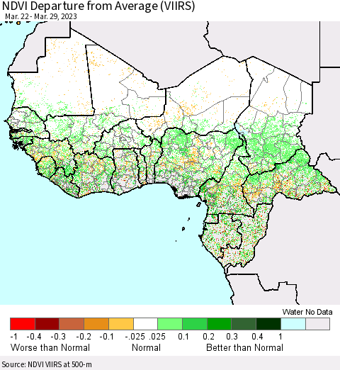Western Africa NDVI Departure from Average (VIIRS) Thematic Map For 3/22/2023 - 3/29/2023