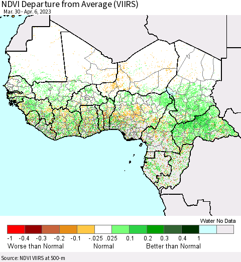 Western Africa NDVI Departure from Average (VIIRS) Thematic Map For 3/30/2023 - 4/6/2023