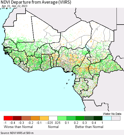 Western Africa NDVI Departure from Average (VIIRS) Thematic Map For 4/15/2023 - 4/22/2023